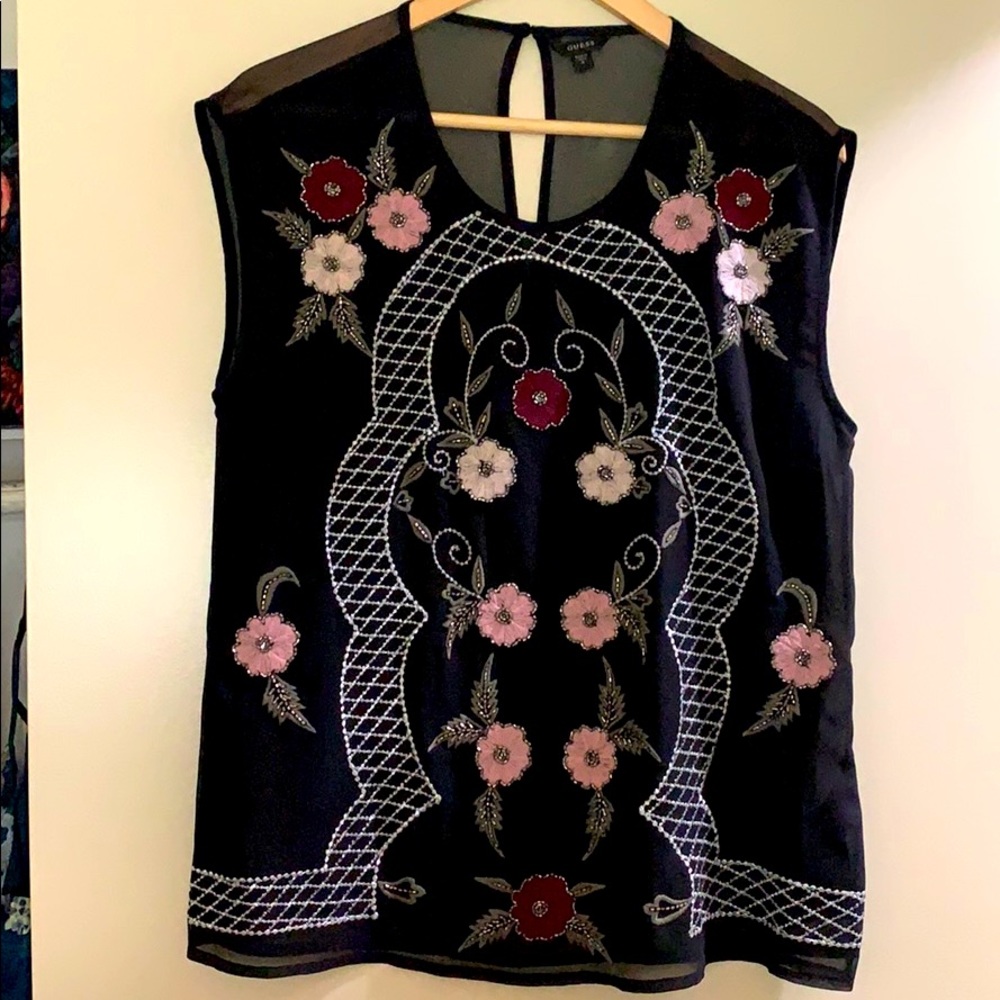 GUESS sheer floral beaded top